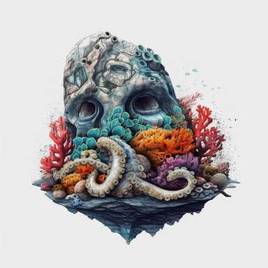 concrete illustration of a double le exposure rock octopus & colourful coral reef drawn with stones, clipart