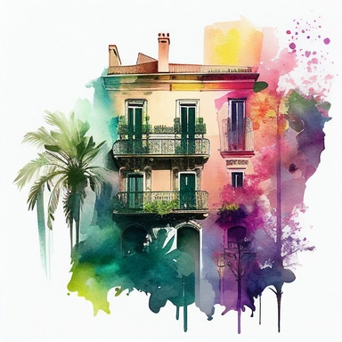 CLIPART WATERCOLOR ON AQUARELLE SPLASH, BARCELONA CASA MILLA ARCHITECTURE COLORFUL