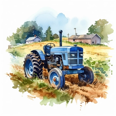 detailed watercolor blue tractor on farmland in summer clipart
