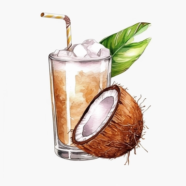 watercolor colorful clipart of a refreshing coconut drink, hd, on white background