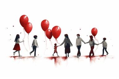 cute beutiful boys and girls together holding hands, red half of the heart shape balloon geometric minimalist , valentine's day, top view, running in Tokyo, ink, Ghibli style, 8k, Leyka 35mm very detail clipart on white background space out 8k