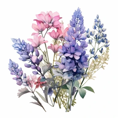 Watercolour wildflowers, lilac blue pink and purple colors, beautiful details, ultra detailed, ultra photo real intricate detailed, high definition, graphic clipart, hyper realistic, detailed, white background