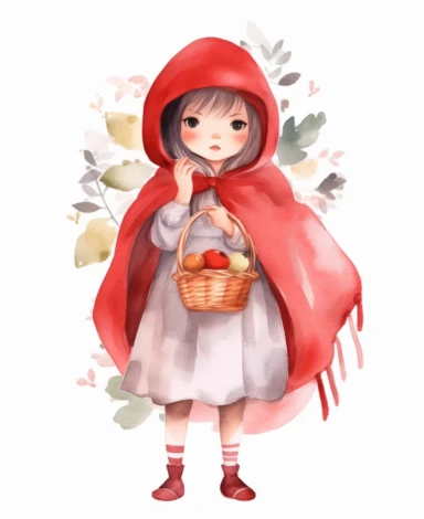 little red riding hood, watercolor clipart, minimalist, isolated white background, cute, 8k, spacing, full body,
