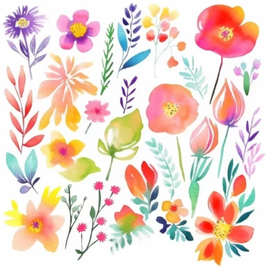 watercolor Floral Clip Art - Vibrant and Bold / Hand Painted / Bohemian / Summer - Offer a set of watercolor floral clip art in a bright and bold color scheme, with a focus on bohemian-style floral designs that would work well for summer-themed projects such as posters, flyers, or social media graphics., spring clipart, single design, 8k