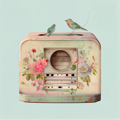 Vintage old radio ( a little floral, bird on radio) pastel watercolor clipart