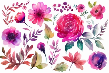 watercolor image of flowers | royalty free flowers stock, watercolor background, flower clipart, cliparts, flowers, watercolor flower, flowers, in the style of light emerald and magenta, whimsical folk-inspired, feminine sticker art, dark magenta and light crimson, symmetrical arrangement, minimalist brush work, meticulous design