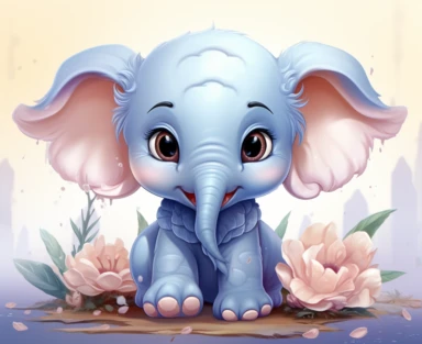 a kawaii cartoon elephant with big ears clipart, in the style of light indigo and light azure, subtle use of color, light pink and light orange, use of traditional japanese artistic techniques, bold colors, strong lines, clean and simple designs, precise detailing