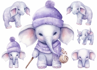 watercolor cute little baby elephant wearing pajamas and a hat, in the style of light silver and light purple, victorian-inspired illustrations, nature-inspired pieces, 5 sets of clipart playful compositions, plush doll art, high resolution, isolated on a white background