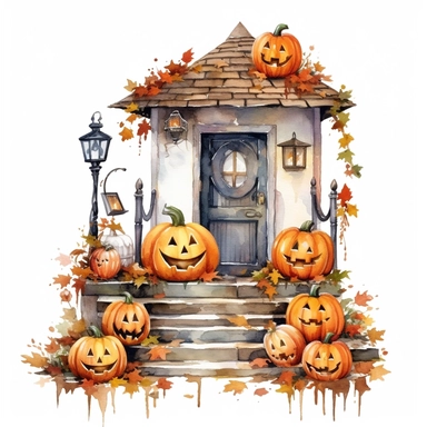 Watercolor style, halloween porch decorated with halloween pumpkins and other decorations, clipart, isolated on white background, detail, high quality, high resolution