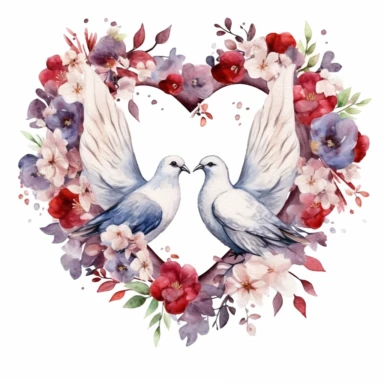watercolor clipart of wedding doves kissing inside a floral heart wreath, colored ink illustration, good composition, vector, contour, isolated white background, 26k