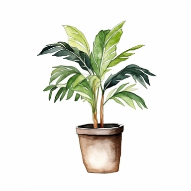 Watercolor clipart tropical single planter, Watercolor clipart tree planter, single watercolor houseplant clipart in pot, black contour around the leaves, white background,