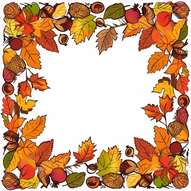 a fall-themed scalable vector clipart featuring a border made up of various acorn designs leaves and other autumn elements perfect for framing seasonal content Sticker design, vector, vivid colors, detailed, high quality 8k. Extremely detailed, high-quality, die-cut, clean shading and simple, flat colors, clean and clear linework, thin linework, clear outline, White background