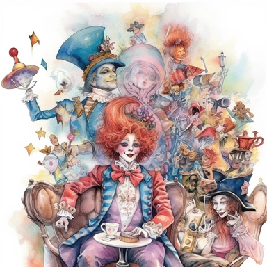 watercolor of concert performed by the Queen of Hearts in The Mad Hatter's Tea Party, super detailed, clipart
