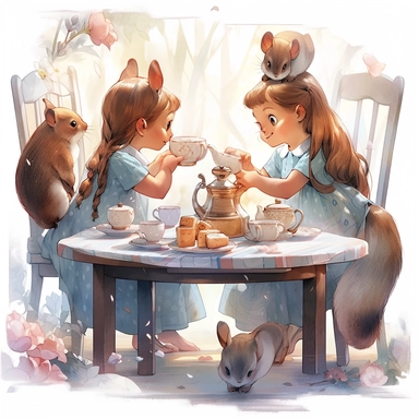 2 squirrel girls tea party, Little girl exploring, 2 girls, illustration for book, children's book, 2 clipart, fiorucci angels, beautiful decoupage paper, pastel colors, white background clipartm, fantasy art, squirrel ears, perfect eyes, detailed body, Watercolor Clipart, strybk, full Illustration, 4k, sharp focus, watercolor, smooth soft skin, symmetrical, soft lighting, detailed face, concept art, watercolor style, strybk, children's style fairy tales, chibi kawaii, Octane rendering, 3d. Perf