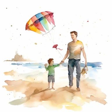 fathers day, water colour clipart, father and son, fly kite in beach, white background
