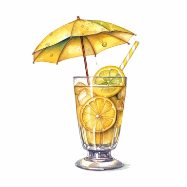 watercolour drawing of a yellow drink with ice cubes and a little yellow umbrella in it, clipart