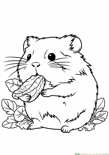 coloring page of a Hamster eating lettuce, no shading, white background, clipart, simple, black and white, cute, simple, clean, high contrast, illustration
