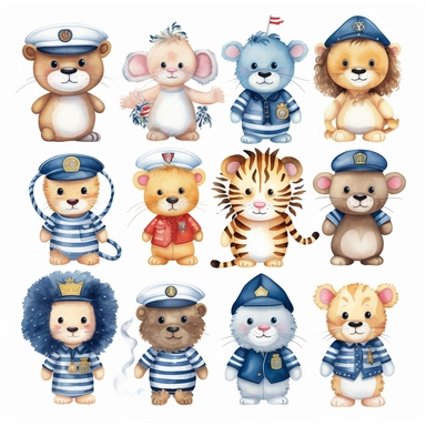 nautical, jungle baby animals dressed as sailors, clipart, cartoon, white background, children cartoon, sailor, sea, red, blue and white, lion, jiraffe, monkey, tiger, elephant, leopard, gorilla, zebra