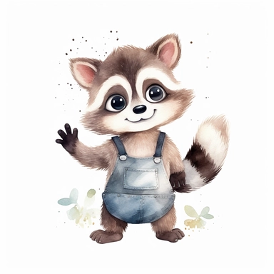 an active baby raccoon with kind eyes clipart with watercolor illustration,full body shot,8k,etsy style, white background