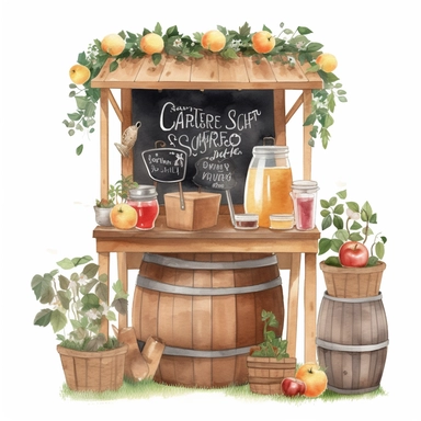 create a beatiful highly deatailed and saturated disney style watercolor clipart image of an old fashion wooden coffee shop style stand selling apple juice and hot apple cider, with a small decorative wooden chalkboard sign, include grass and flowers, white background, no text, no font
