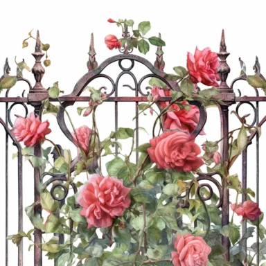 rose covered iron trellis fence, in the style of photo realistic and hyper-detailed watercolor, sketchfab, ahmed morsi, realistic watercolor, use of common materials, handcrafted designs, clipart with white background