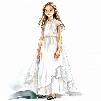 young girl in first communion gown. cartoon art. vector. high contrast. clip art. fully length body portrait. white background. watercolor
