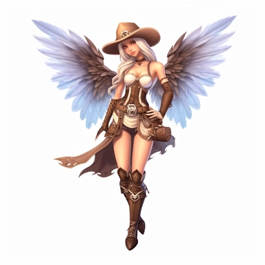 a beautiful fairy, cowgirl style, cartoon, big wings, clipart, white background