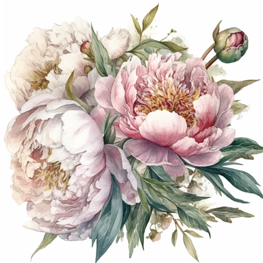 a bouquet with a few peonies clipart with white background, unimaginable beauty,white with little pink details in the centre of the bloom,An illustration clipart painted by ann buccarelli, watercolour, combo pale colours, insanely detailed, on white background, amazing colour combo, with detailed watercolor bloom, white/ pink/ green, bec winnel, intricately textured, close up, walter Langley, lucy grossmith, heavy impasto technique, detailed shading, atmospheric watercolours, on white background