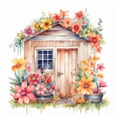 Flower Hut watercolor clipart, white background, hyper realistic