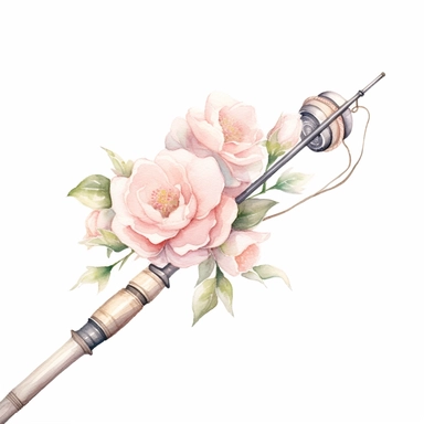 hand drawn , watercolor, hyper realistic, white background, white margins, 16k, ultra detailed clipart, cut out image, hand-drawn, ultra HD, sharp and clean art a vintage fishing rod with delicate floral , capturing the romantic and feminine aesthetics of