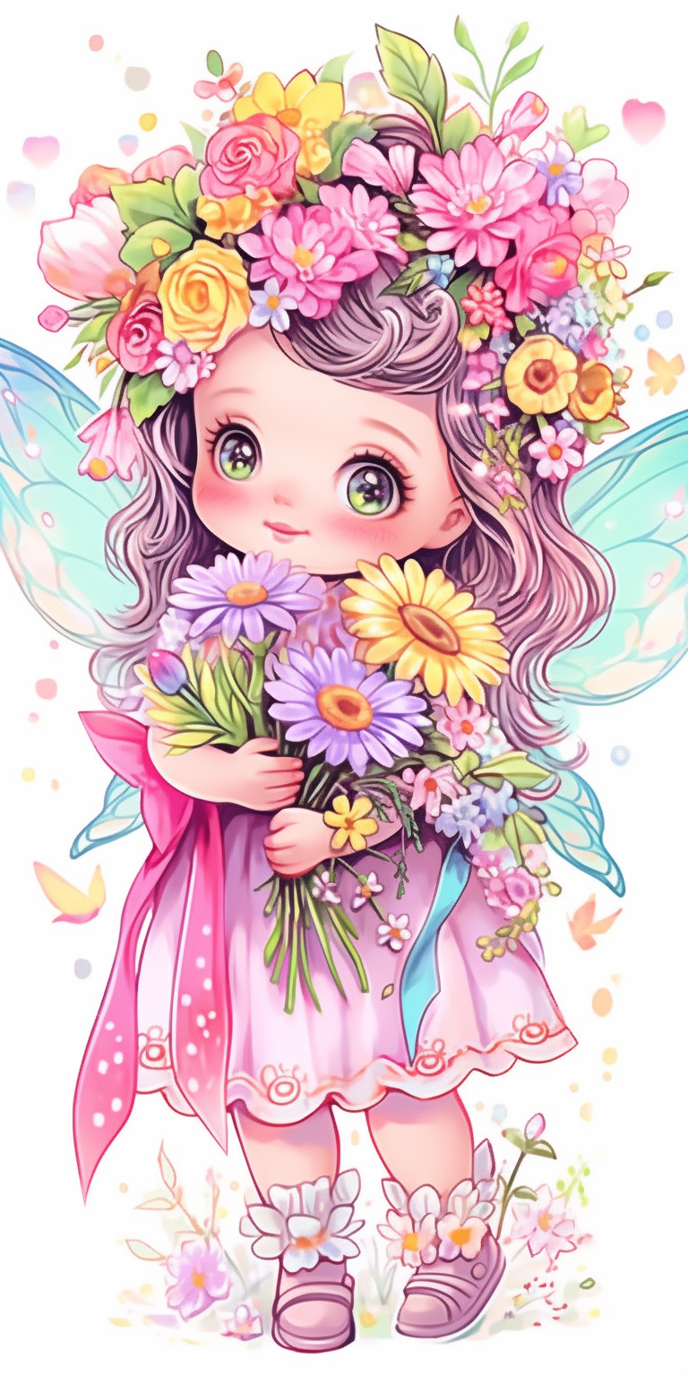 Very cute chibi fairy girl with crown, she has fairy wings, surrounded ...