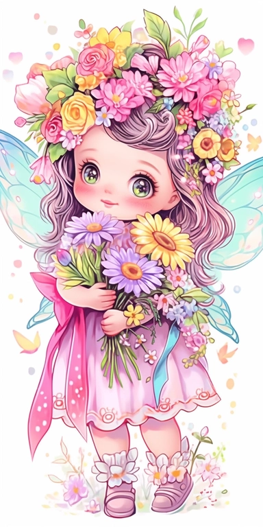 Very cute chibi fairy girl with crown, she has fairy wings, surrounded with flowers and butterflies, she's holding a flower, magical, colorful, vibrant, colors are pink, purple, yellow, green, blue, yellow, 8kon, white background, kawaii, clipart