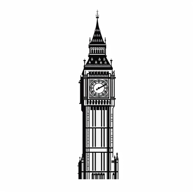 Big Ben tower in black color clipart, vector illustration, 2D, simple, illustrator, flat simple clipart, minimalist, isolated white background, single design, 8k