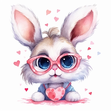 watercolor clipart, very cute single funny bunny in heart glasses, childlike innocence and charm, big and adorable in love eyes, cute and charming expression, funny and floppy ears, rosy cheeks, shy bunny, foreboding colors, valentines day themed cute, lovely hearts around the bunny, white background