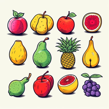 nine fruits, including an apple, a banana, two cherries, grapes, watermelon, mango, peach, pear, and pineapple, all fruits are the same size, no overlap, white background, line art, clipart, cartoon style for kids, vivid color, black outlines, cute