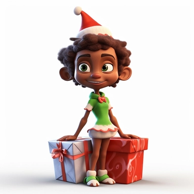 clipart of a crazy dark skinned female christmas elf standing on a christmas present, there is a funny face on it, cartoon, for kids, funny, pixar, 8k, white background, sharp focus, detailed,