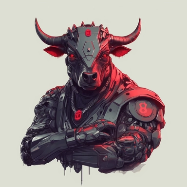 The image protrudes from the bottom edge. realistic picture of A red robotic bull warrior tatoo on the arm wearing a black shirt with a necklace and sunglasses slung over a firearm. all white background minimal simple clip art