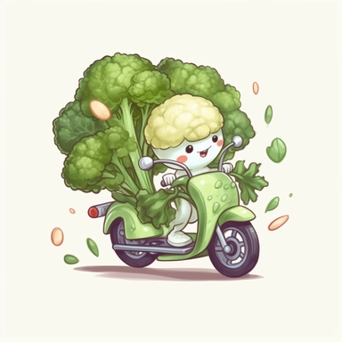 Create a clipart of a cute vegetable broccoli riding a motorcycle leaving a trail of leaves. Pastel colors. Kawaii style. White Background, soft lighting.
