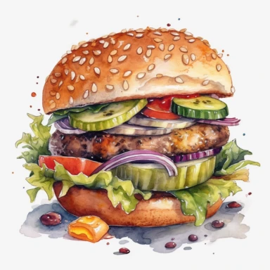 Aquarel hamburger clipart, Hamburger met friet clipart