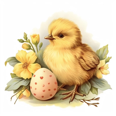 vintage illustration of easter cliparts, cute easter chick, pastel colors, Pierre Redouté style, cottagecore aesthetics, isolated on white background