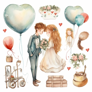 Wedding rings tied with a ribbon, cute wedding illustrations clipart set, ILLUSTRATIONS FOR THE BOOK, cartoon elements, different variants, girl with long hair in a wedding veil, wedding, husband and wife Love, Hearts balloons, veil, garland, wooden elements, sit on a bench, on the car, white transparent background separate elements with a margin Watercolor