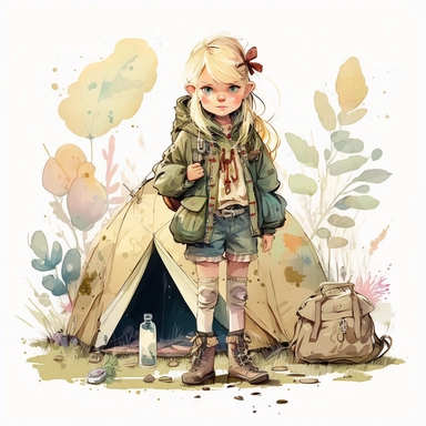 a cute scout girl, clipart, full body, blond, in nature, near tent, watercolor