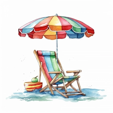 Watercolor Beach Chair, sky, beach, umbrella, ball, Summer party, Swim ring clipart on the beach, white background, detailed, 8K