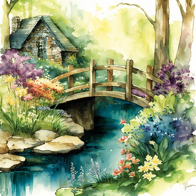 The spring bridge illustration is a colorful watercolor artwork depicting a picturesque garden scene during the summertime. The bridge itself is a rustic wooden structure with arched beams and railings, spanning over a babbling brook. The water is depicted in shades of blue and green, with watercolor drops adding a sense of motion and fluidity. The garden surrounding the bridge is bursting with vibrant summer flowers in shades of pink, purple, yellow, and orange. The flowers are painted in a loo