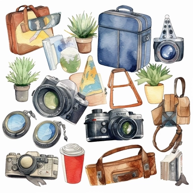 Watercolor Travel clipart, Summer Holiday, Vacation clipart, Tourism clipart, Planner clipart, Adventure clipart, PNG, Airplane Camera Globe