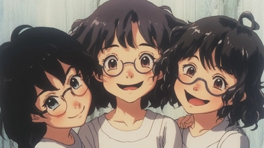 Smiling group photo of three girls with different shapes: the first girl with curly black hair wearing a dress, the second girl with short black and white hair and glasses, the third girl with black shoulder-length hair and hair clips, three people looking at To the camera, Hayao Miyazaki manga style, Studio Ghibli