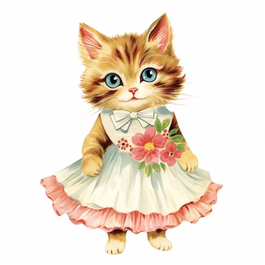50s vintage kitsch cat illustration clipart, watercolor, Hand drawn painting, isolated on white background, watercolor illustration by katie daisy, highly detailed, white background for removing background - - no text shadow font watermark