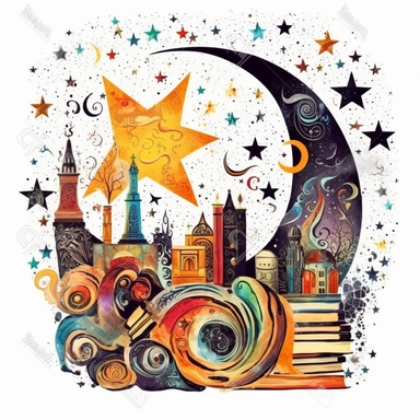 creepy book of magic with with crescent moon and stars clipart, fantasy, detailed, white background, illustration painting, collaged constructions, digital art, watercolor, in the style of sculptural and geometric, forced perspective drawings, Geometric brushstrokes form an intriguingly abstract, painterly figure, Pablo Picasso, Wassily Kandinsky,