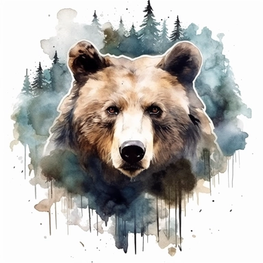 double exposure, bear head and forest,watercolor,white background,clipart