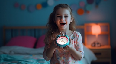 American girl with Mother, High Bright, 5-6 years old, Holding an alarm clock, Cute headphone, Caucasian, Blue eyes, Cute smile, Showing teeth, Sweet laughter, Playful, Cute, Looking at camera, Colorful LED light, Full-body shot, Children's room background, Playful and cute, Child-friendly furniture, Colorful decorations, Dreamy, Blurred background, Glowing rabbit ear, hair clip, Large sensor camera, diffused lighting, High-definition,